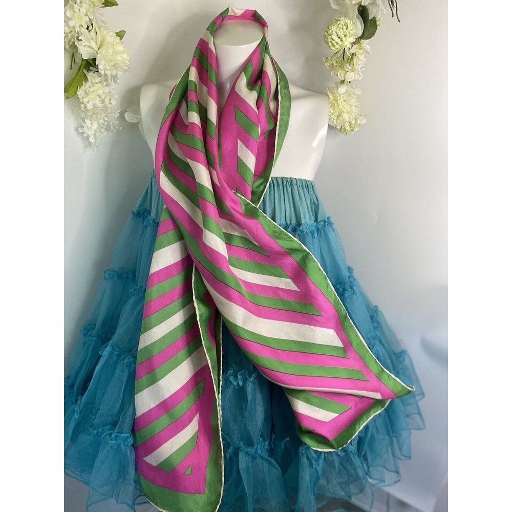 Burmel Vintage 1960's Pink Green Stripe‎ Hand Rolled All Silk Scarf 13x68 Italy